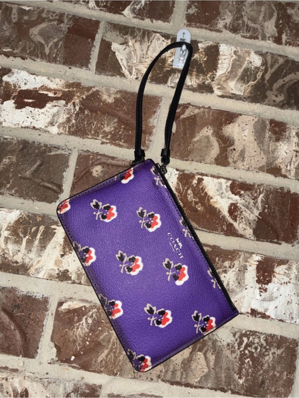 Coach Purple Floral Wristlet with Black Strap
